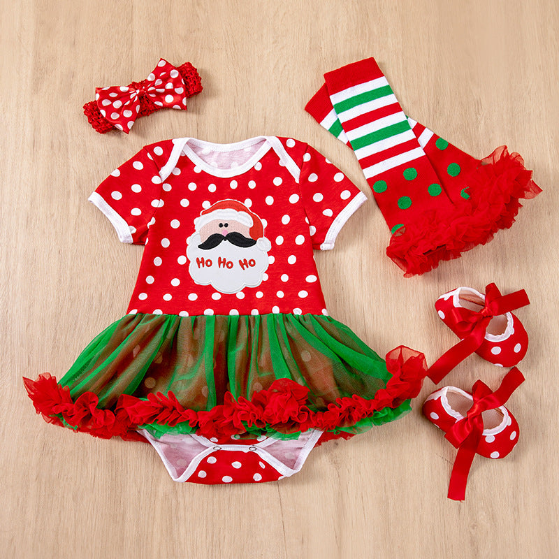 圣诞节宝宝哈衣裙4件套卡通圣诞树老人节日套装Christmas Baby Romper Dress 4-Piece Set: Cartoon Christmas Tree and Santa Claus Holiday Outfit