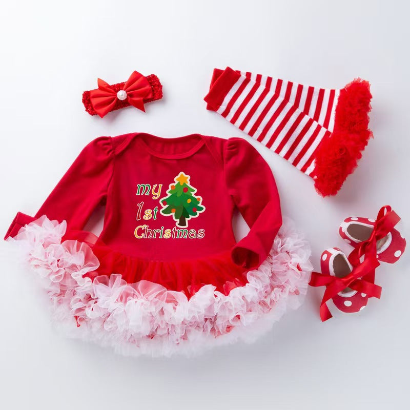 圣诞节女宝宝节日装婴儿春秋长袖红绿包屁裙公主哈衣裙四件套Christmas Outfit for Baby Girls: Spring/Fall Long-Sleeve Red and Green Rompers and Princess-Style Dresses—4-Piece Set