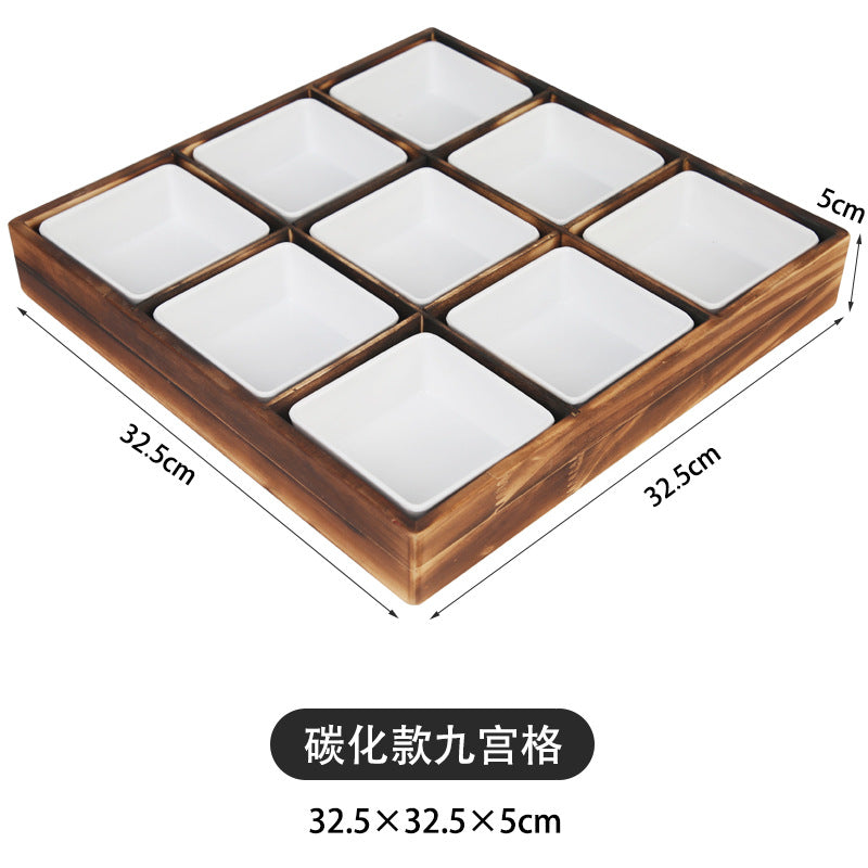 Solid Wood Nine-Square Platter, Divided Serving Tray, for Hot Pot Restaurants, Tableware, Snacks, Melamine Fruit Bowls and Vegetable Plates, for Home