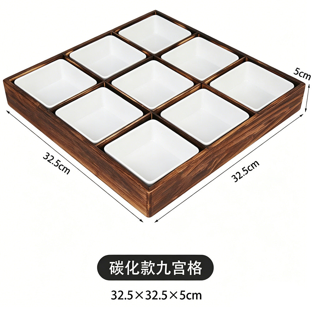 围炉煮茶分格托盘零食点心果盘水果盘中式四宫格木质九宫格干果盘Wooden four-compartment tray for boiling tea by the fire; snack tray; pastry tray; fruit platter; Chinese-style four-compartment wooden tray; nine-compartment wooden tray for dried fruit