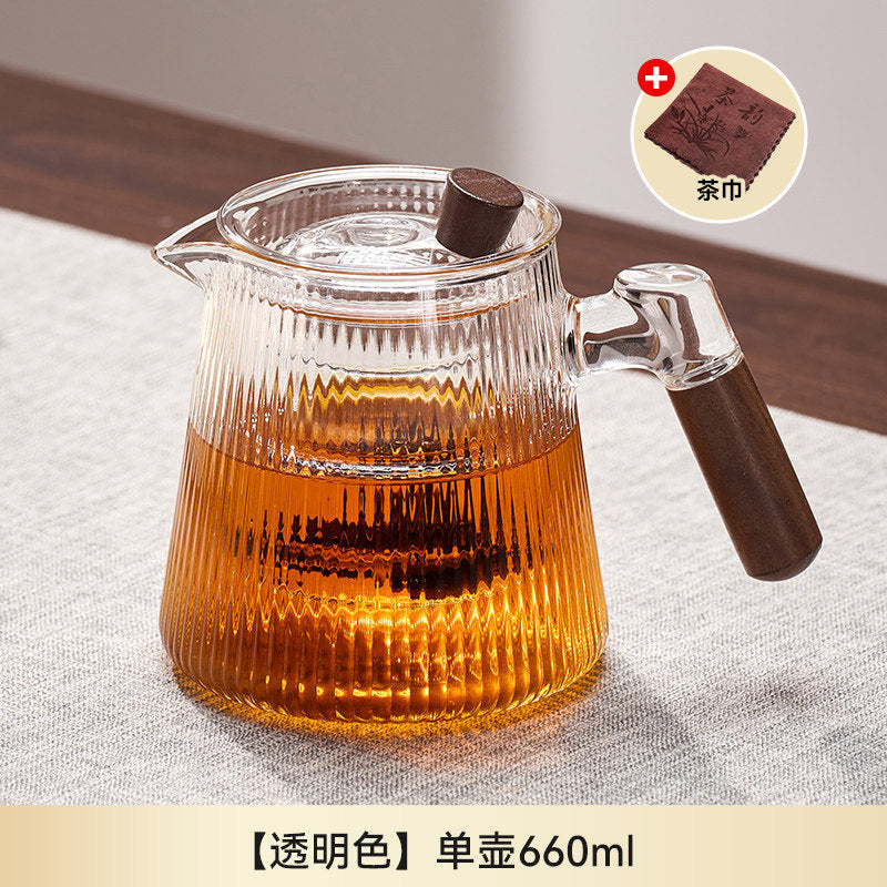 捷安玺竖纹玻璃茶壶新款家用待客木把煮茶壶高硼硅耐热玻璃泡茶壶Vertical-Striped Glass Teapot Home and Guest-Friendly Wooden-Handle Teapot, High-Borosilicate Heat-Resistant Glass Teapot