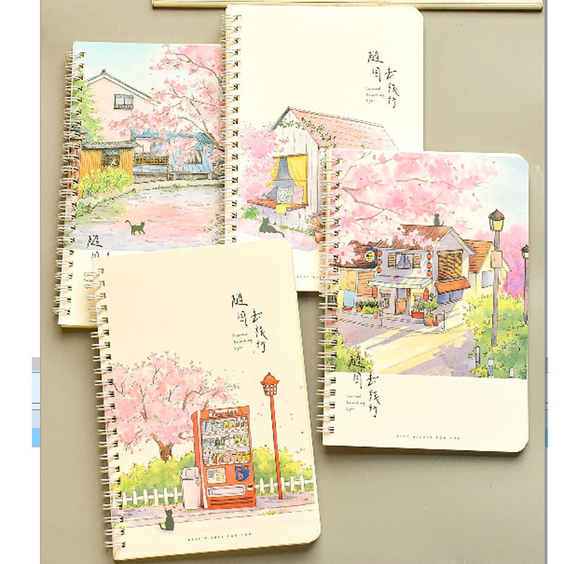 A5高颜值油画风景清爽线圈本可爱手账本学生文具实用奖品留言记事A5 High-Quality Oil Painting Landscape Refreshing Spiral-Bound Notebook: Cute Planner, Student Stationery, Practical Giveaway, for Notes and Messages