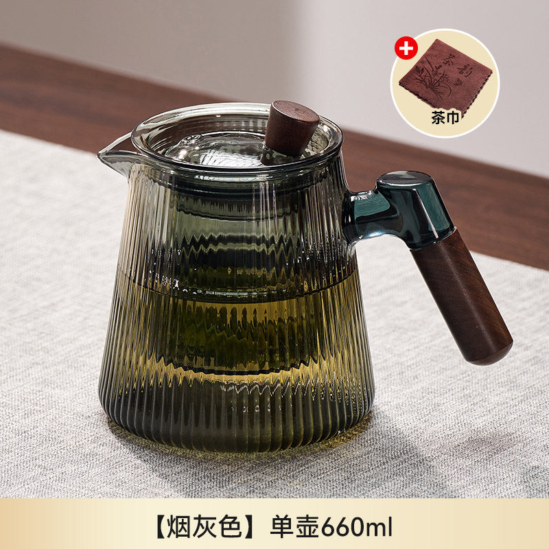 捷安玺竖纹玻璃茶壶新款家用待客木把煮茶壶高硼硅耐热玻璃泡茶壶Vertical-Striped Glass Teapot Home and Guest-Friendly Wooden-Handle Teapot, High-Borosilicate Heat-Resistant Glass Teapot