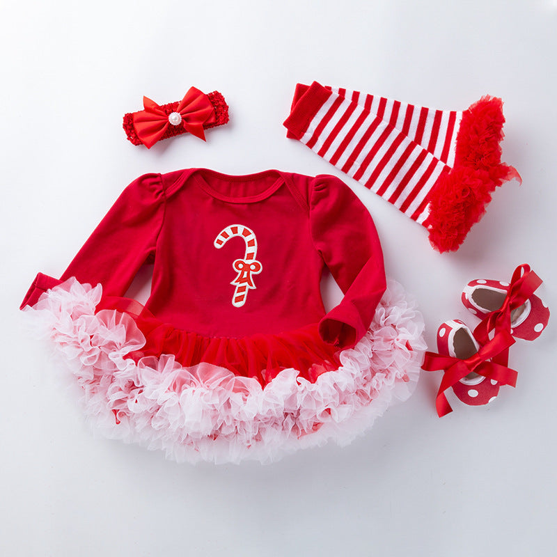 圣诞节女宝宝节日装婴儿春秋长袖红绿包屁裙公主哈衣裙四件套Christmas Outfit for Baby Girls: Spring/Fall Long-Sleeve Red and Green Rompers and Princess-Style Dresses—4-Piece Set