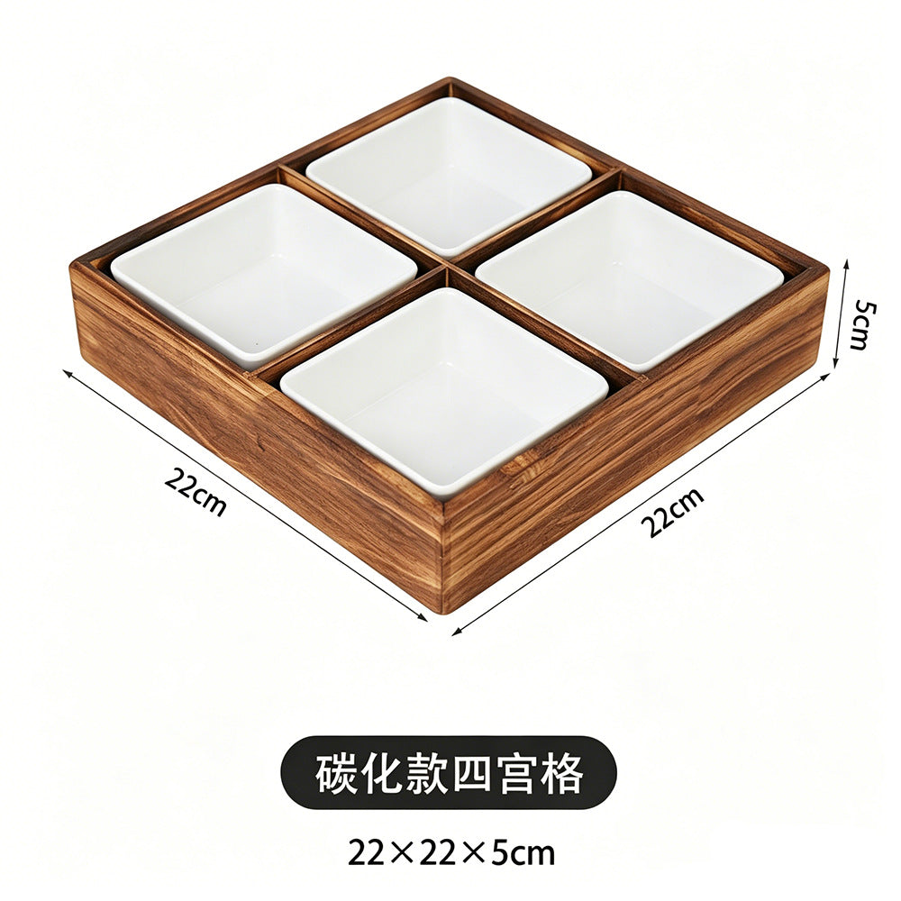 围炉煮茶分格托盘零食点心果盘水果盘中式四宫格木质九宫格干果盘Wooden four-compartment tray for boiling tea by the fire; snack tray; pastry tray; fruit platter; Chinese-style four-compartment wooden tray; nine-compartment wooden tray for dried fruit