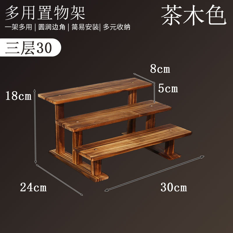 实木小花架复古展示架置物架木质桌面架子阳台多层摆摊阶梯手办架Solid Wood Mini Flower Stand, Vintage Display Stand, Storage Rack, Wooden Tabletop Stand, Balcony Multi-Tier Stall, Step-Style Figurine Stand