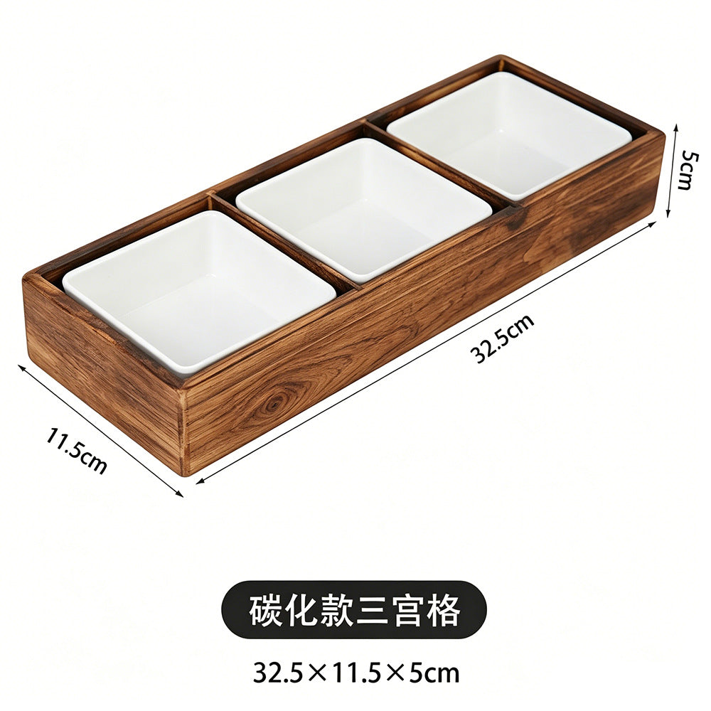 围炉煮茶分格托盘零食点心果盘水果盘中式四宫格木质九宫格干果盘Wooden four-compartment tray for boiling tea by the fire; snack tray; pastry tray; fruit platter; Chinese-style four-compartment wooden tray; nine-compartment wooden tray for dried fruit