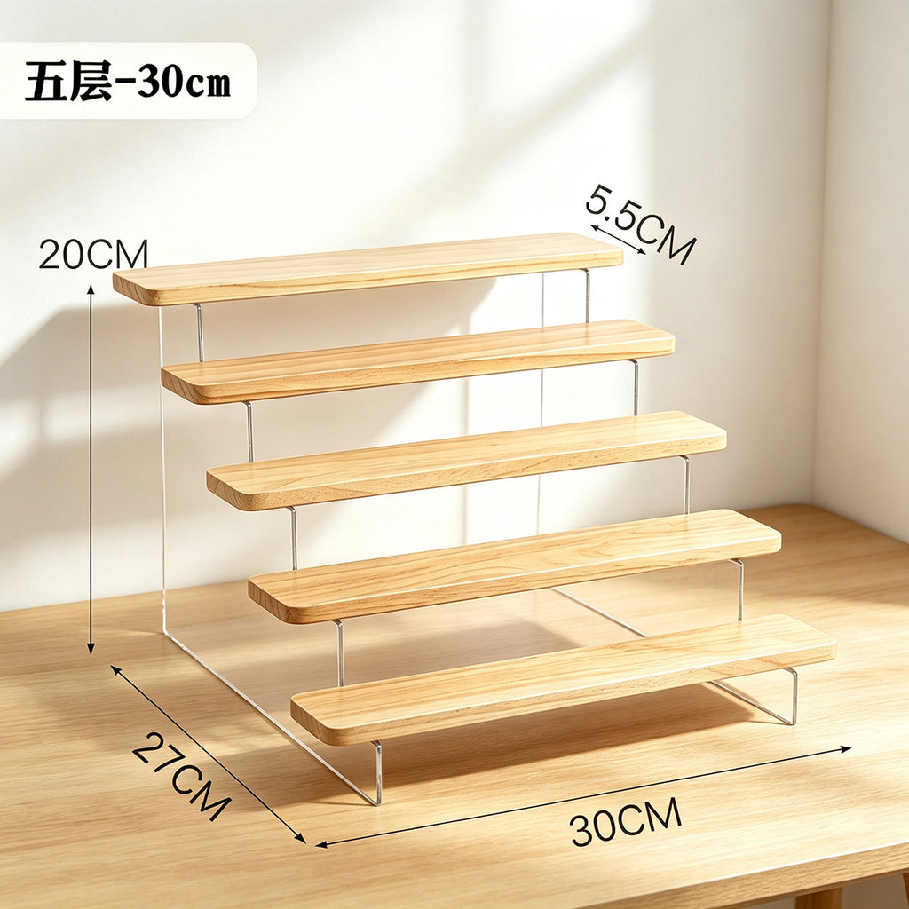 家用轻奢展示架亚克力透明阶梯架盲盒摆件手办桌面简约木质置物架Home-use luxury display stand; transparent acrylic tiered stand; blind box figurines; collectables; minimalist wooden desktop storage rack