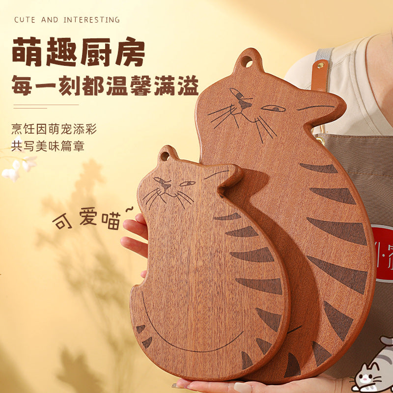 家逸元气猫咪料理板(小号整木）KAYI Cutting Board Ebony Chopping Board Serving Board Portable Vigor Kitten Shaped Design Board Solid Wood Small Size