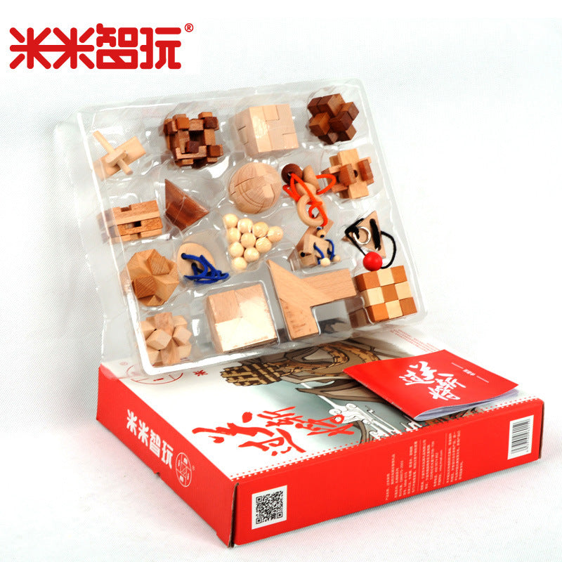 厂家直供成人益智玩具孔明锁十八合一礼盒装木制玩具热销批发Manufacturer-direct adult puzzle toys: 18-in-1 Kongming Lock gift set – wooden toys, hot-selling wholesale