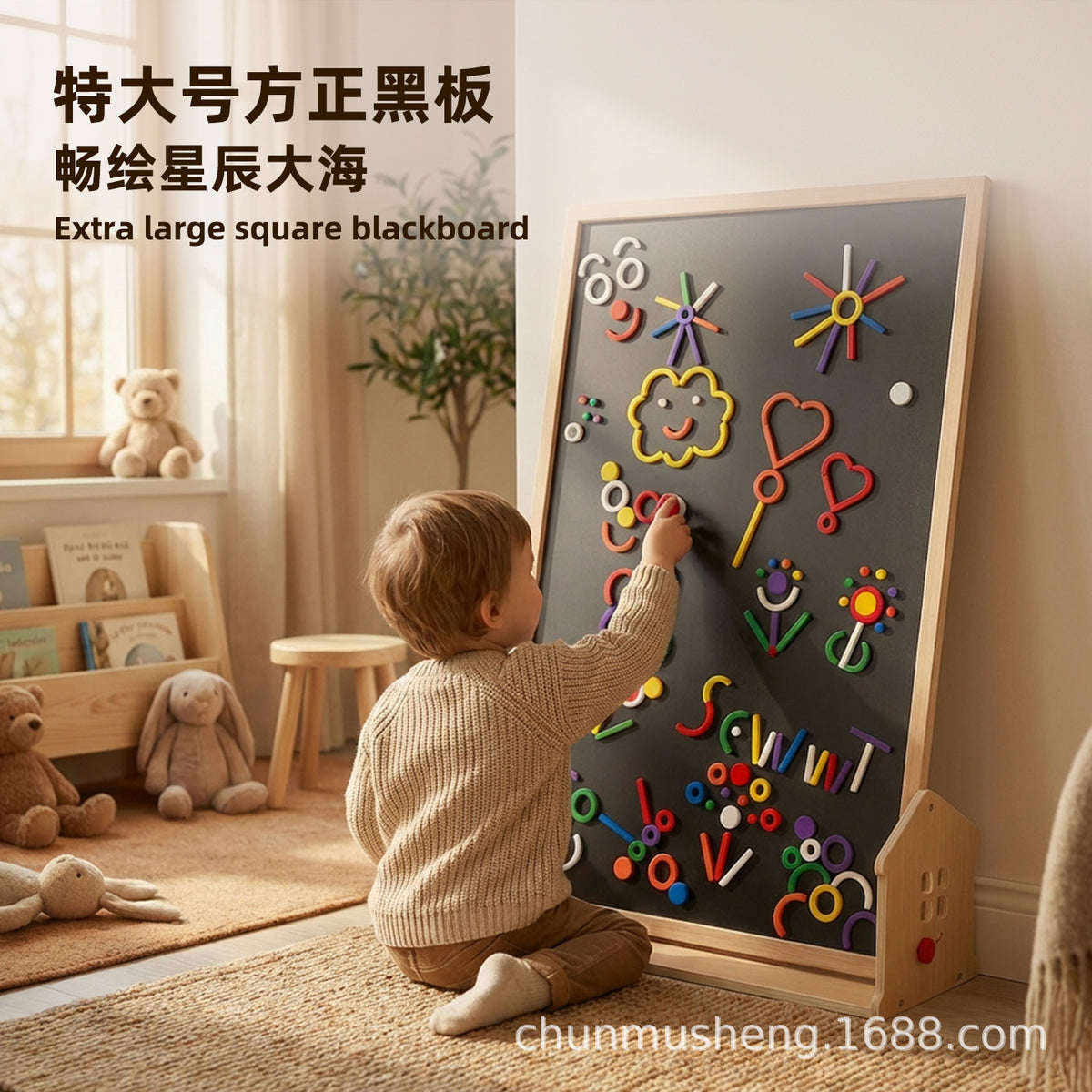 双面磁性画板一面白板一面黑板儿童专用玩具童年榉木框架带底座Double-sided magnetic drawing board – one side whiteboard, one side blackboard – children’s toy with beechwood frame and stand