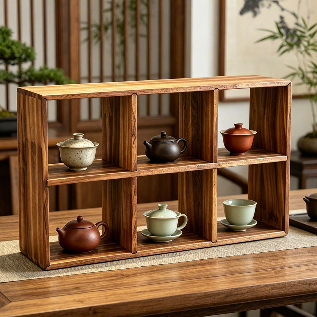 实木茶杯架子茶壶架多宝格复古茶具博古架手工收纳架六宫格茶架Solid wood teacup rack, teapot stand, display cabinet, vintage tea set cabinet, handcrafted storage rack, six-compartment tea rack
