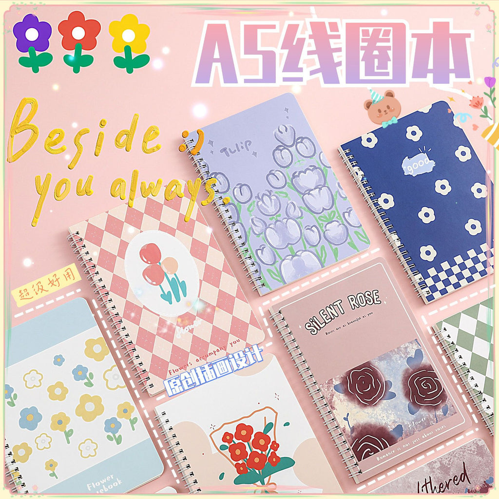 MOKA小清新花朵线圈本本子笔记本横线内页高颜值学生用记事本 MOKA Fresh and Cute Floral Spiral Notebook with Lined Pages—Stylish Student Notebook