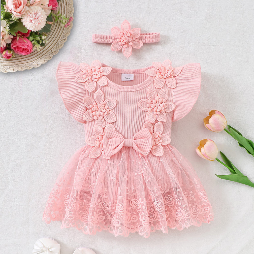 婴幼女童花朵哈衣新生儿蕾丝网纱哈裙连体衣Floral Rompers for Infants and Toddler Girls; Lace Tulle Skirt Rompers for Newborns