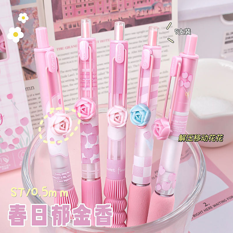 花朵滑块按动笔中性笔学生少女限定加压笔可爱速干0.5mm/st笔头Flower-Patterned Slider-Button Ballpoint Pen, Neutral Ink, Student Edition, Limited Edition for Girls, Pressure-Sensitive Pen, Cute, Quick-Drying, 0.5mm/st Tip