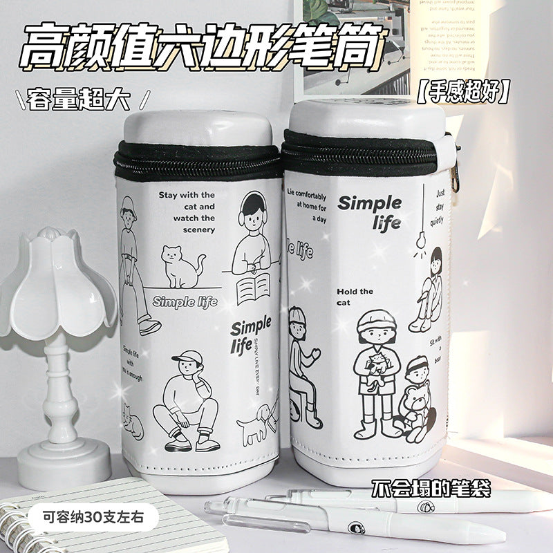 MOKA简约笔袋六角形笔筒拉链立式创意卡通可爱男女学生大文具收纳MOKA Minimalist Pencil Case/Pencil Holder with Zipper, Upright Design, Creative Cartoon Style, Cute, for Boys and Girls, Large Stationery Storage