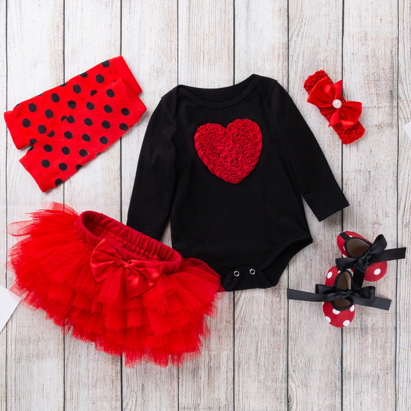 母亲节女宝宝童套装爱心长袖哈衣节日款公主裙5件套Mother's Day 5-Piece Outfit Set for Baby Girls: Heart-Print Long-Sleeve Onesie and Holiday-Themed Princess Dress