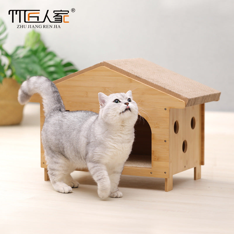楠竹猫抓板猫窝一体超大可睡觉瓦楞纸猫窝磨爪板剑麻绳猫咪用品Extra-large bamboo cat scratching post and bed in one – corrugated cardboard cat bed with sleeping area, scratching board and sisal rope – cat accessories