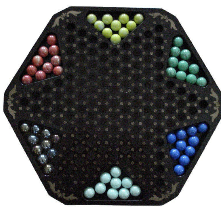 品质款传统毛竹木制六角跳棋游戏棋 玻璃木珠仿红木布袋六角跳棋High-quality, traditional bamboo hexagonal checkers set with glass and wooden pieces, in a rosewood-effect cloth bag
