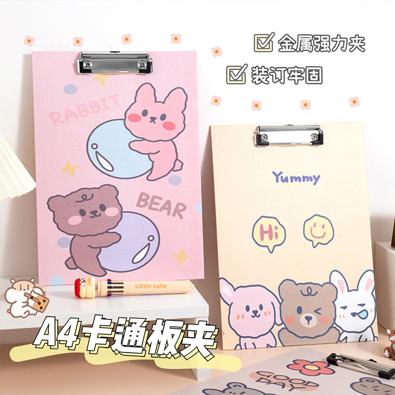 魔卡卡通A4板夹纸质文件夹板大号写字垫板夹资料夹办公文具清新熊Moka Cartoon A4 Clipboard Paper Folder Large Writing Pad Clipboard Document Holder Office Supplies Fresh Bear