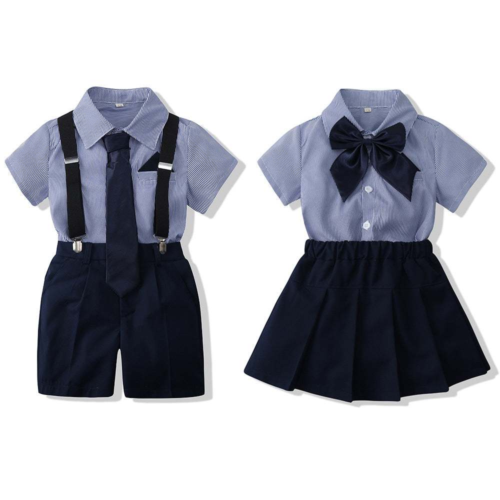 学院风兄妹装开衫正装男女童条纹短袖衬衣演出服毕业校服