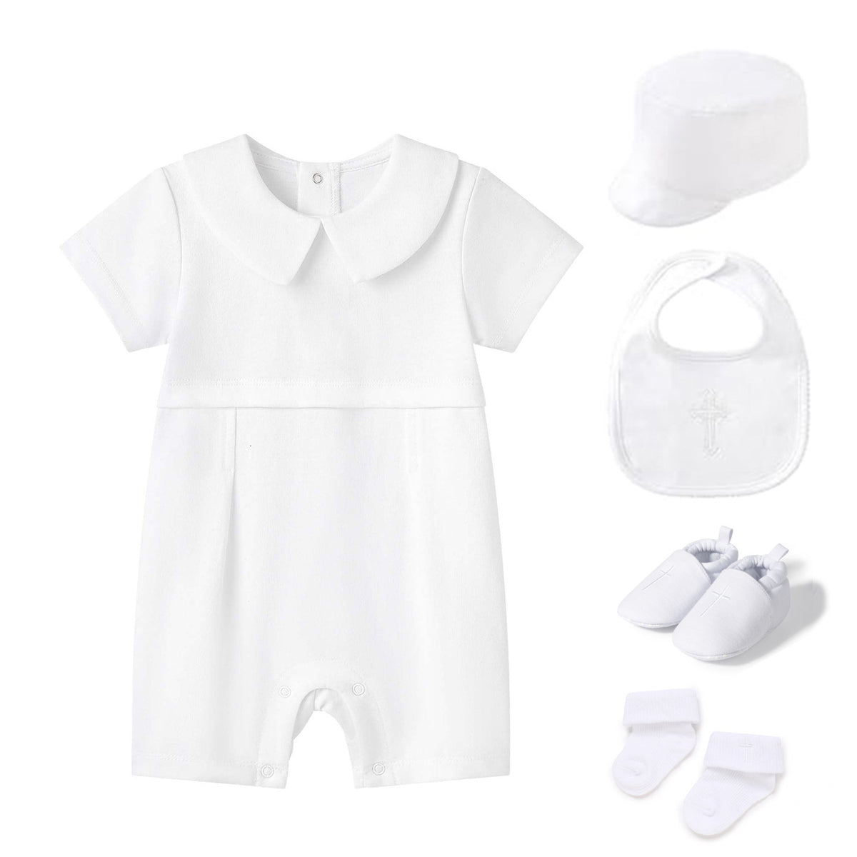 洗礼服套装男女童纯白色短袖爬服儿童生日连身哈衣配帽子 Christening Outfit Set for Boys and Girls: Pure White Short-Sleeve Romper, Children's Birthday One-Piece Romper with Hat