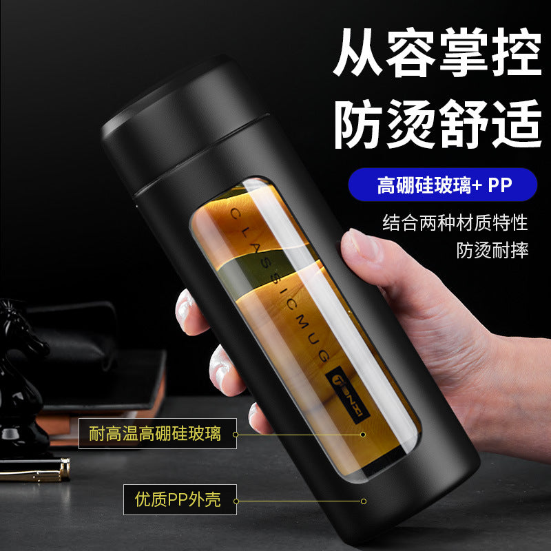 新款男士车载便携双层隔热塑玻泡茶杯 户外简约高硼硅玻璃杯批发 Men's Portable Double-Layer Insulated Plastic-Lined Glass Tea Cup for the Car—Minimalist Outdoor Borosilicate Glass Cup