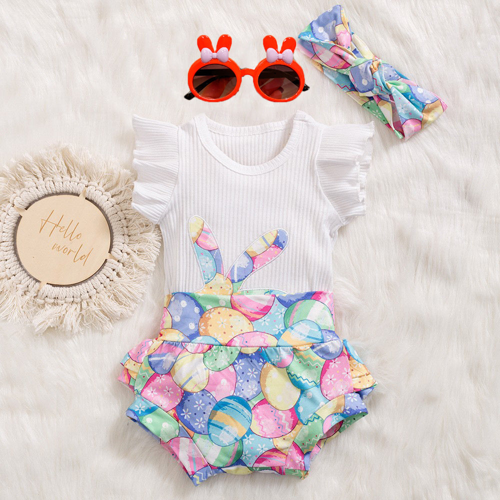 Easter女童飞袖哈衣兔子彩蛋PP裤Easter Girls' Ruffled-Sleeve Hoodie with Rabbit and Easter Egg Print, PP Pants