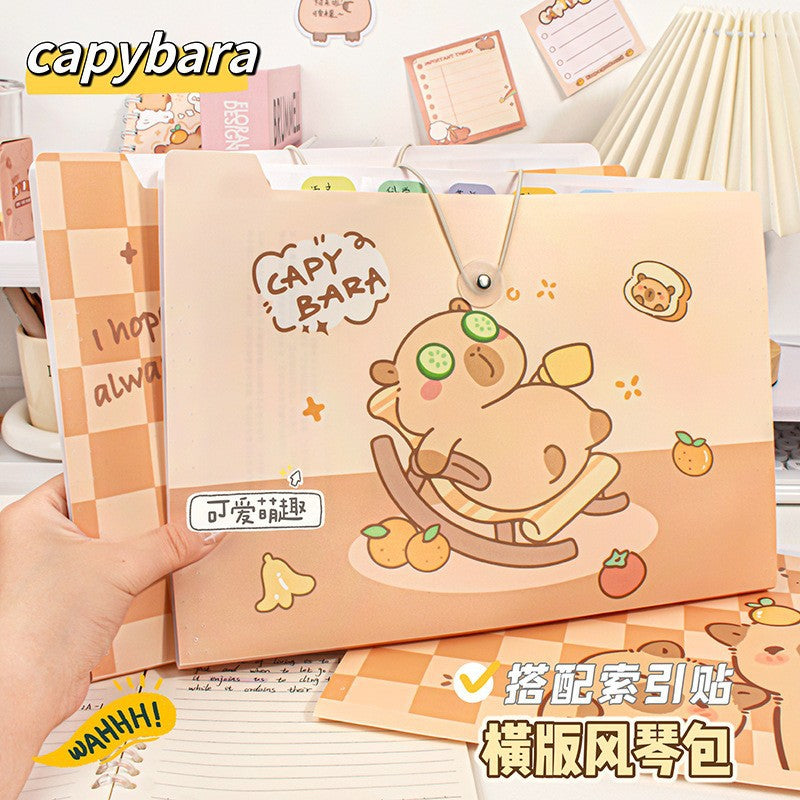 MOKA卡皮巴拉手提8入12入风琴包文件夹横版试卷收纳袋学生文具MOKA Capybara Tote Bag, 8-Pack or 12-Pack, Accordion-Style Folder, Horizontal Exam Paper Storage Bag, Student Stationery