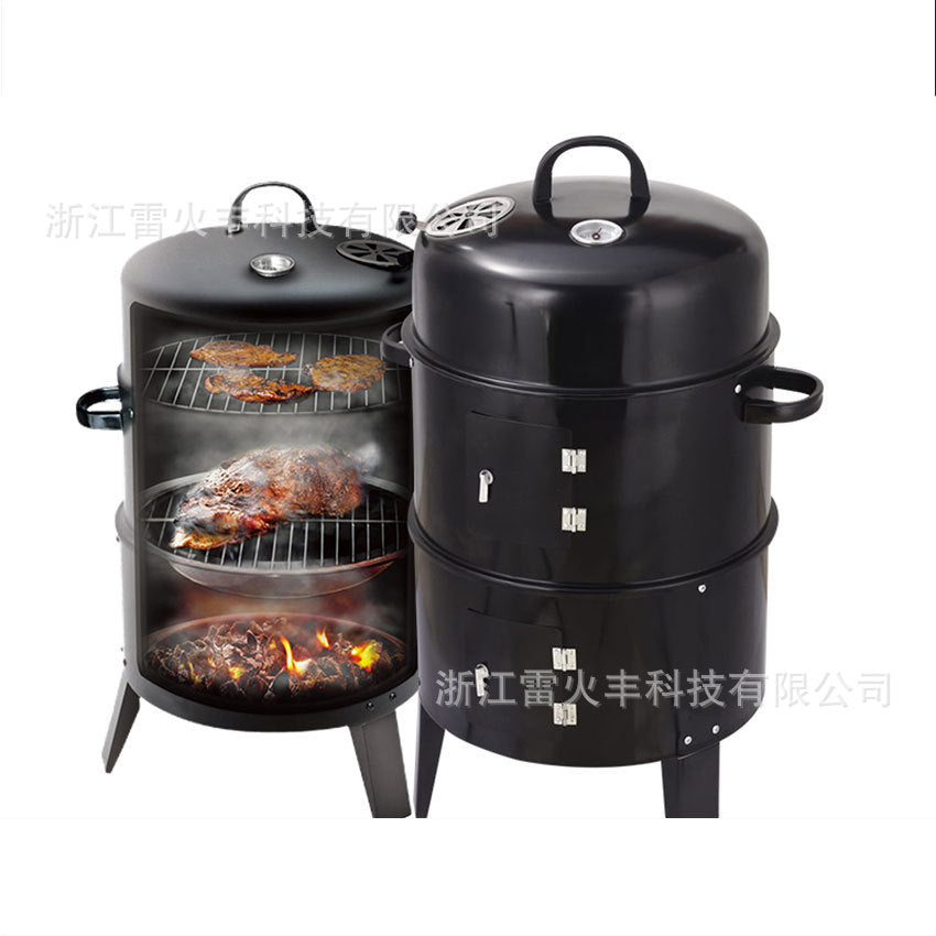 户外庭院三合一黑色烟熏炉焖烤炉烧烤炉圆形熏烤炉木炭烧烤炉现货Outdoor Garden 3-in-1 Black Smoker, Braiser and Barbecue – Round Charcoal Barbecue – In Stock