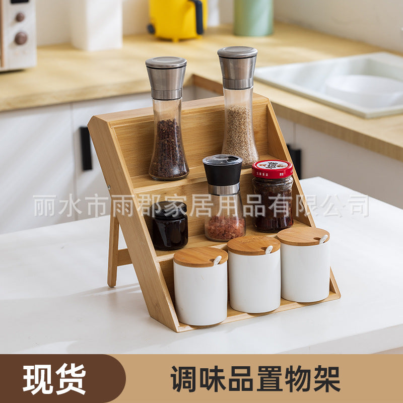竹制多层调料厨房置物架桌面香料阶梯式木制瓶装罐储物整理展示架Bamboo Multi-Tier Kitchen Spice Rack: Tabletop Stepped Wooden Storage and Display Unit for Bottles and Jars
