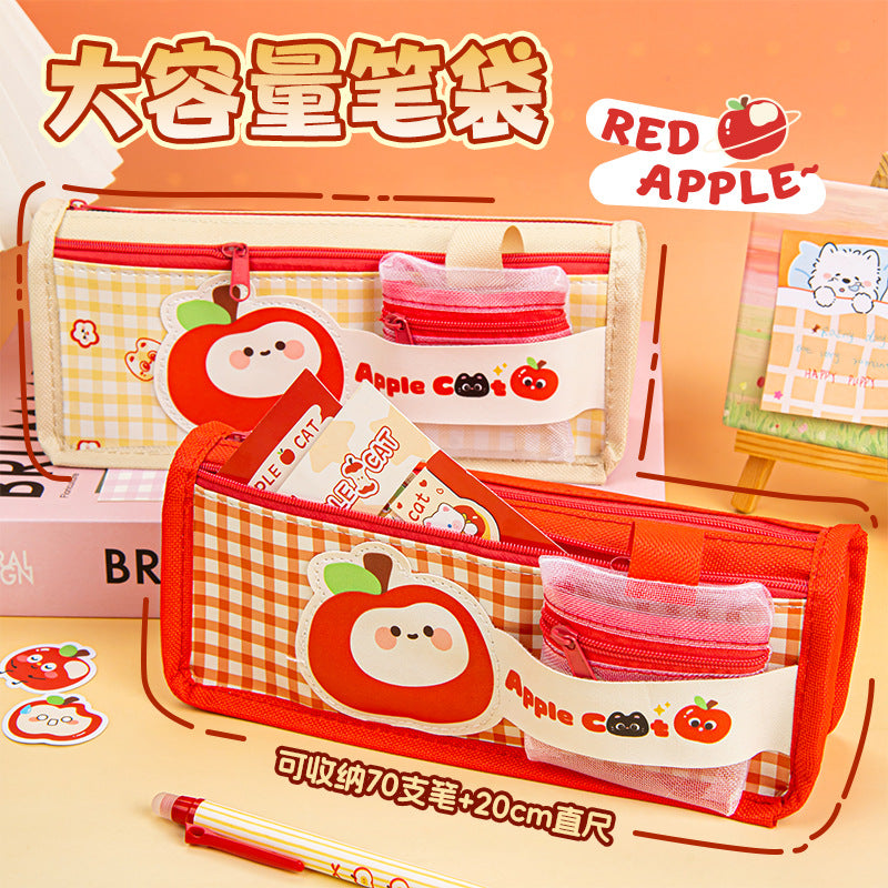 苹果猫卡通分层多层笔袋文具袋高颜值大容量小学生儿童 Apple Cat Cartoon Layered Pencil Case / Stationery Pouch