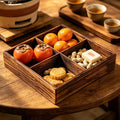 围炉煮茶分格托盘零食点心果盘水果盘中式四宫格木质九宫格干果盘Wooden four-compartment tray for boiling tea by the fire; snack tray; pastry tray; fruit platter; Chinese-style four-compartment wooden tray; nine-compartment wooden tray for dried fruit