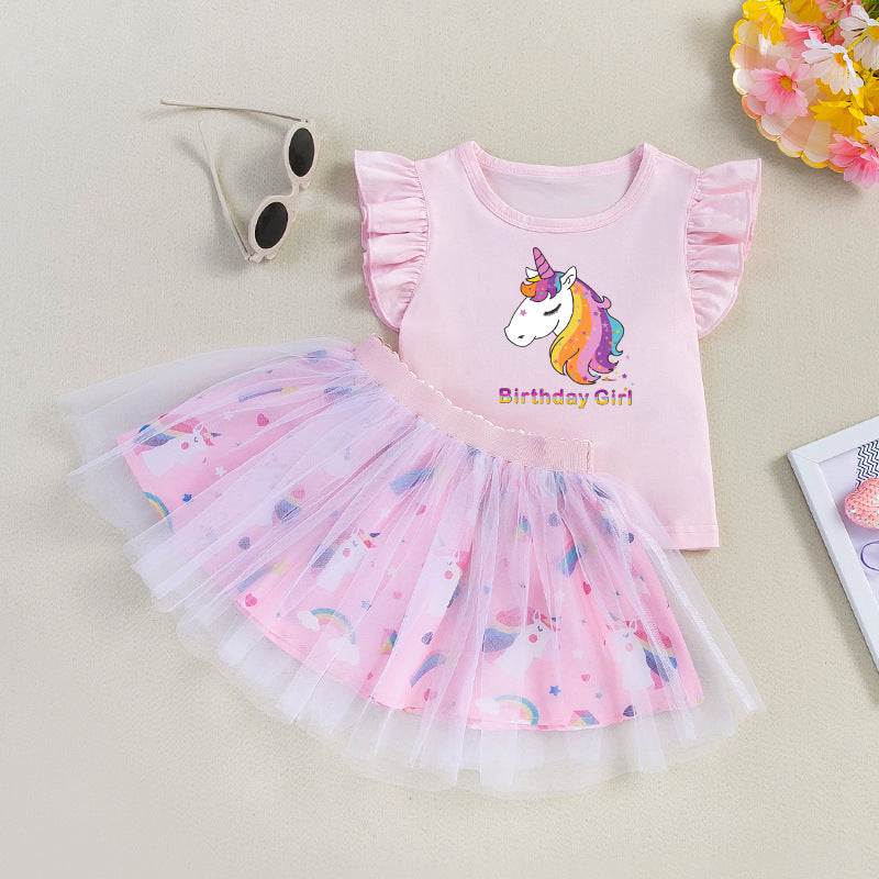 女童套装印花恐龙飞袖T恤半身公主裙2件套儿童节日礼服Girls' 2-Piece Set: Printed Dinosaur T-Shirt with Flare Sleeves and Princess Skirt—Trendy Children's Holiday Outfit