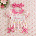 婴幼儿女童短袖头花连体哈衣套装娃娃领刺绣包屁衣 Short-Sleeve Ruffle-Trimmed One-Piece Romper Set for Infant and Toddler Girls with Peter Pan Collar and Embroidered Romper