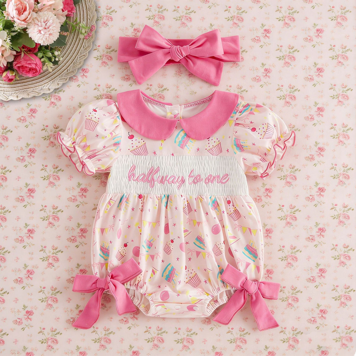 婴幼儿女童短袖头花连体哈衣套装娃娃领刺绣包屁衣 Short-Sleeve Ruffle-Trimmed One-Piece Romper Set for Infant and Toddler Girls with Peter Pan Collar and Embroidered Romper