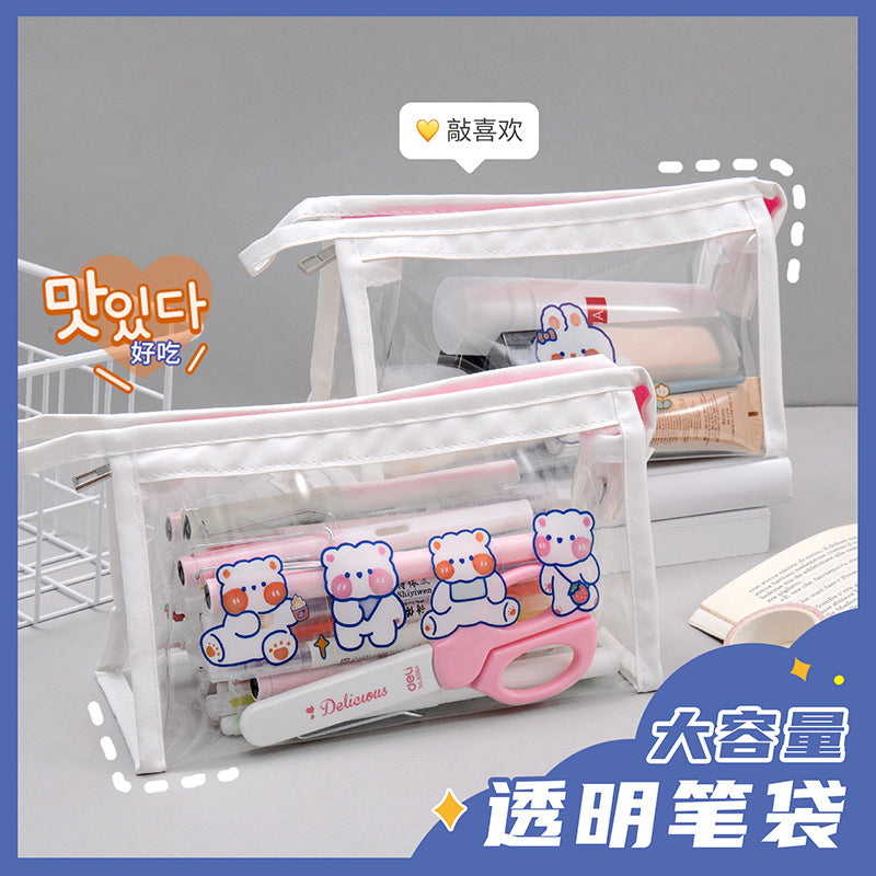 卡通大容量透明笔袋学生防水文具袋三角收纳袋文具批发透明防水Cartoon-Printed Large-Capacity Clear Pencil Case, Student Waterproof Stationery Pouch, Triangular Storage Pouch, Stationery Wholesale, Clear and Waterproof