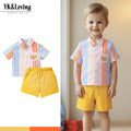 男婴童夏季套装宝宝卡通贴布小熊条纹短袖衬衫休闲短裤2件套Summer Outfit Set for Baby Boys: 2-Piece Set with Cartoon Bear Patch, Striped Short-Sleeve Shirt, and Casual Shorts