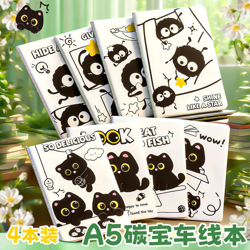 爆款高颜值学生车线本卡通横线可爱a5本子办公黑猫笔记本Best-Selling, Stylish Student Notebook: Cartoon-Themed Ruled A5 Notebook with Cute Design—Black Cat Office Notebook