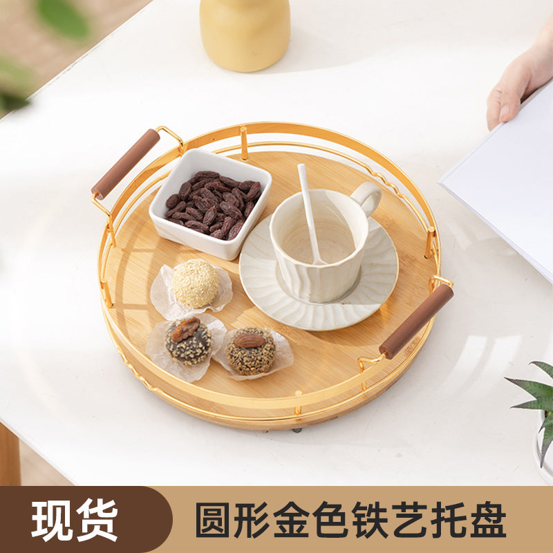 圆形金色铁艺托盘家用饭店酒店茶具小托盘糕点盘提手水果盘茶盘Round gold-coloured wrought-iron tray; for home, restaurants and hotels; tea set tray; small tray; pastry tray; fruit tray with handle; tea tray