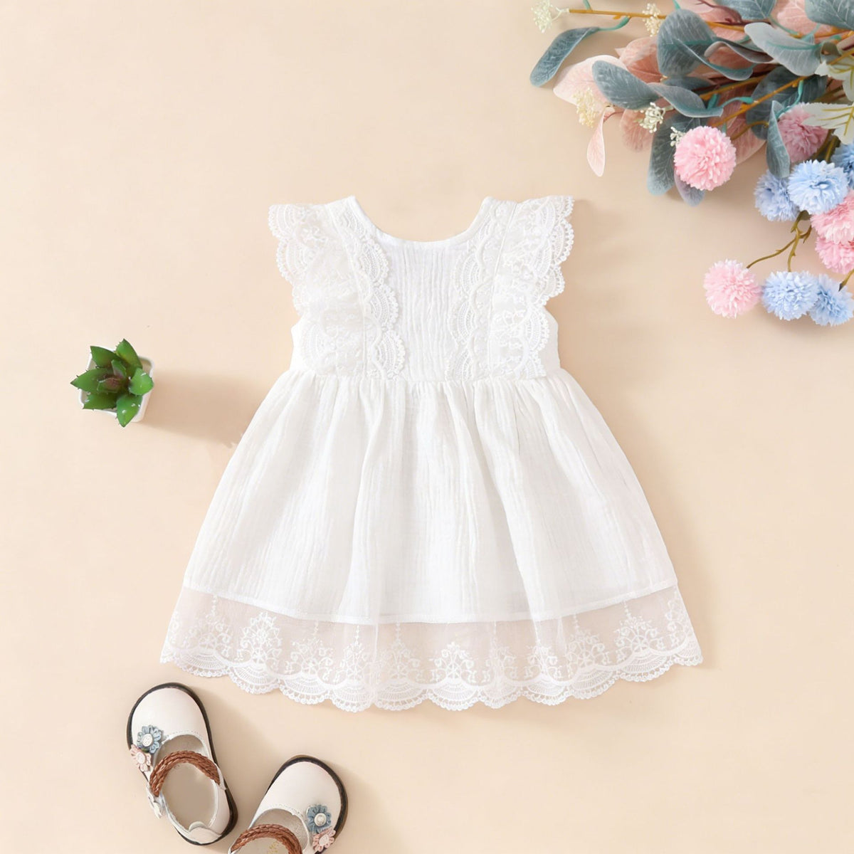 夏季女宝宝针织无袖连身裙婴幼儿女童蝴蝶结蓬蓬公主裙 Summer Knit Sleeveless One-Piece Dress for Baby Girls—Infant and Toddler Girls' Bow-Adorned Puffy Princess Dress