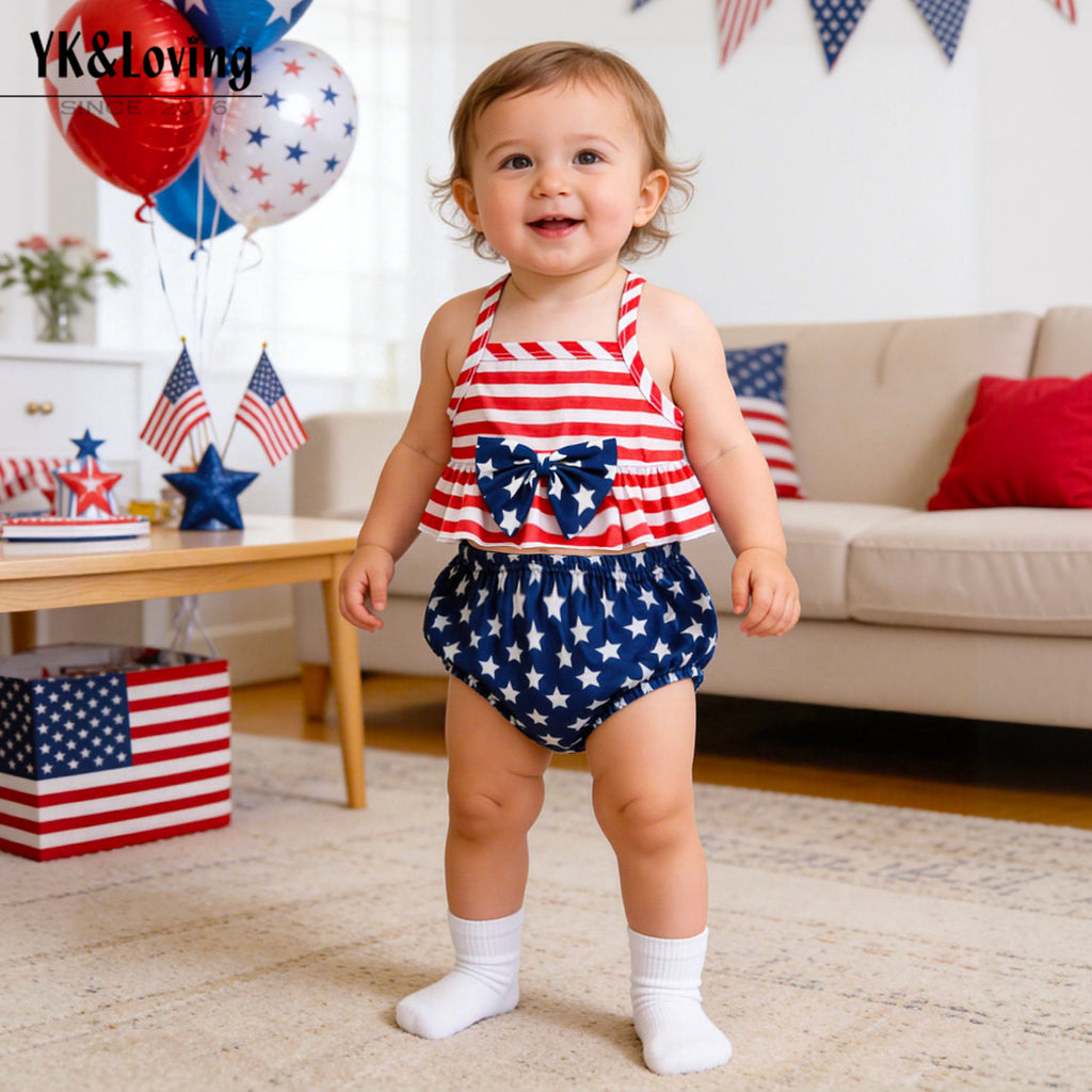 美国独立日宝宝服饰套装印花字母无袖T恤条纹短裤2件套Independence Day Baby Outfit Set: Printed Letter Sleeveless T-Shirt and Striped Shorts, 2-Piece Set