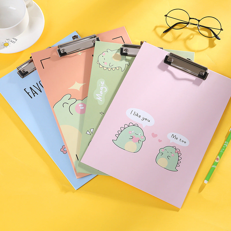 卡通a4纸板夹文件书板夹写字垫夹板加厚多功能学生文具恐龙图案Cartoon A4 Cardboard Clipboard, Document Holder, Writing Pad, Thickened Multifunctional Student Stationery with Dinosaur Design
