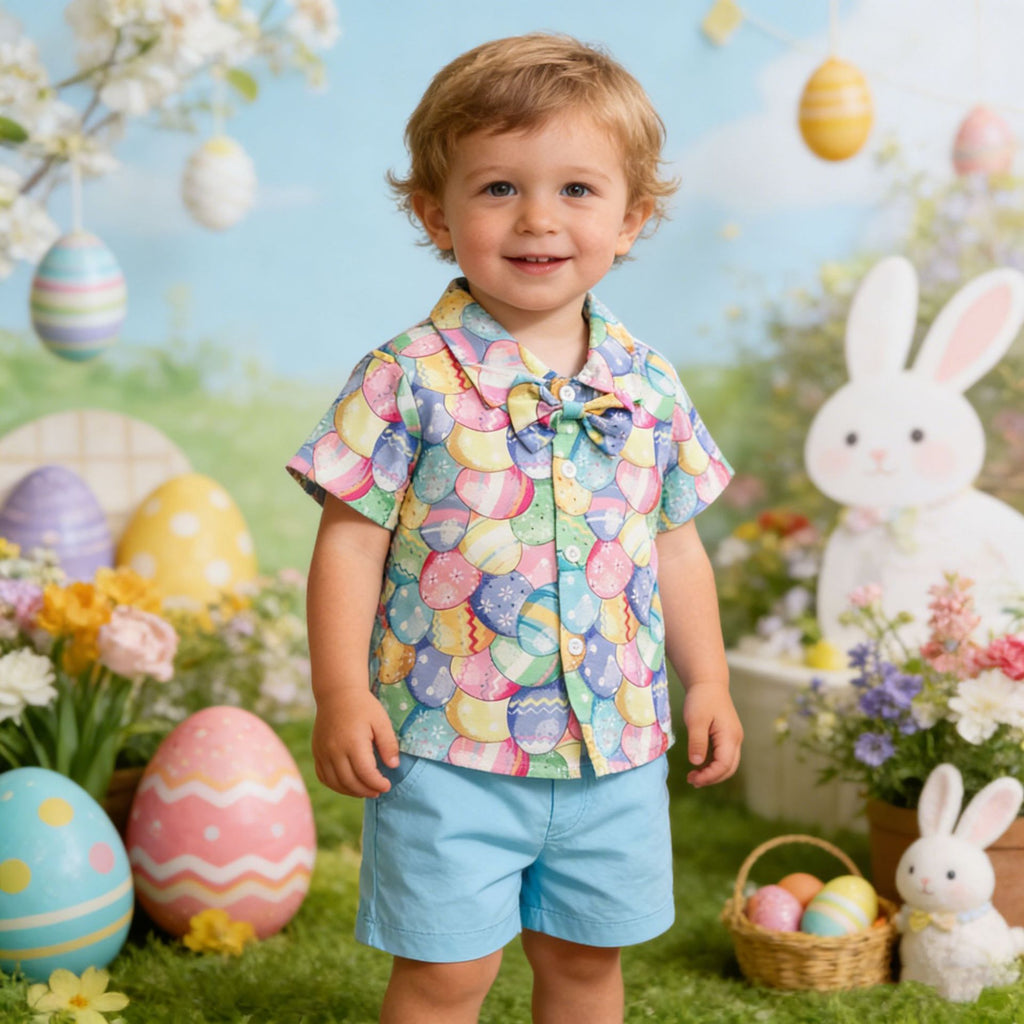 男宝宝童装批发复活节彩蛋节日男童短袖短裤多件套Wholesale Boys' Clothing: Easter Egg-Themed Festive Short-Sleeve Shirts and Shorts Sets