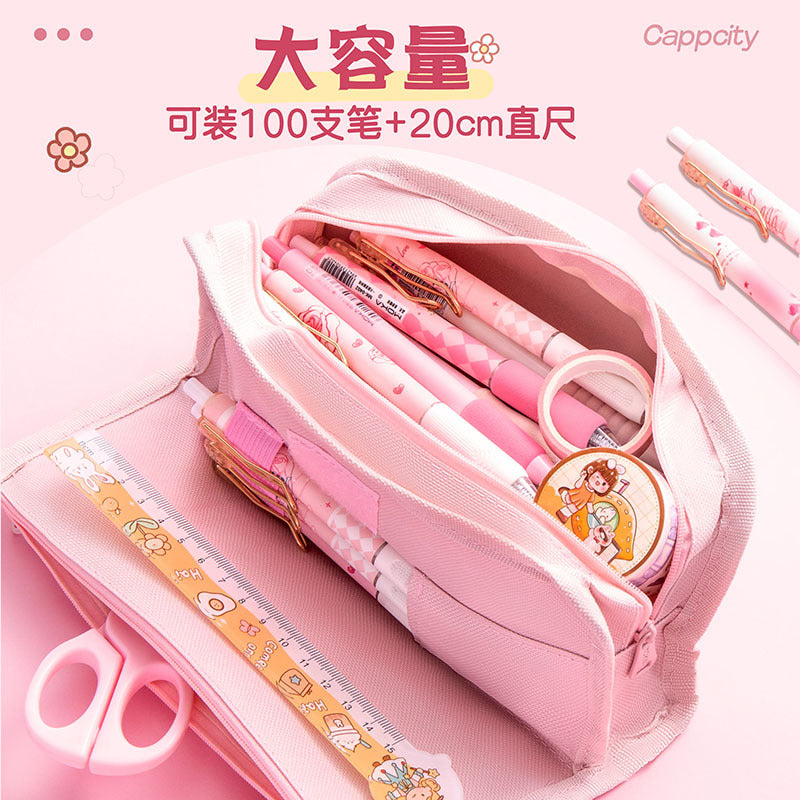 MOKA笔袋大容量文具盒女孩零钱包笔袋帆布五层收纳可爱卡通铅笔盒MOKA Pencil Case: Large-Capacity Stationery Case for Girls, Coin Purse, Canvas Pencil Case with Five Compartments, Cute Cartoon Design
