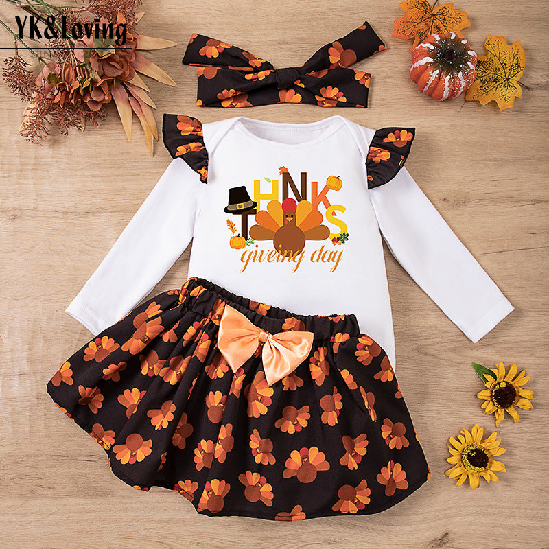 感恩节宝宝派对礼服飞袖哈衣色丁火鸡半身裙套装Thanksgiving Baby Party Dress: Ruffle-Sleeve Rompers with Satin Turkey Skirt Set