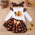 感恩节宝宝派对礼服飞袖哈衣色丁火鸡半身裙套装Thanksgiving Baby Party Dress: Ruffle-Sleeve Rompers with Satin Turkey Skirt Set