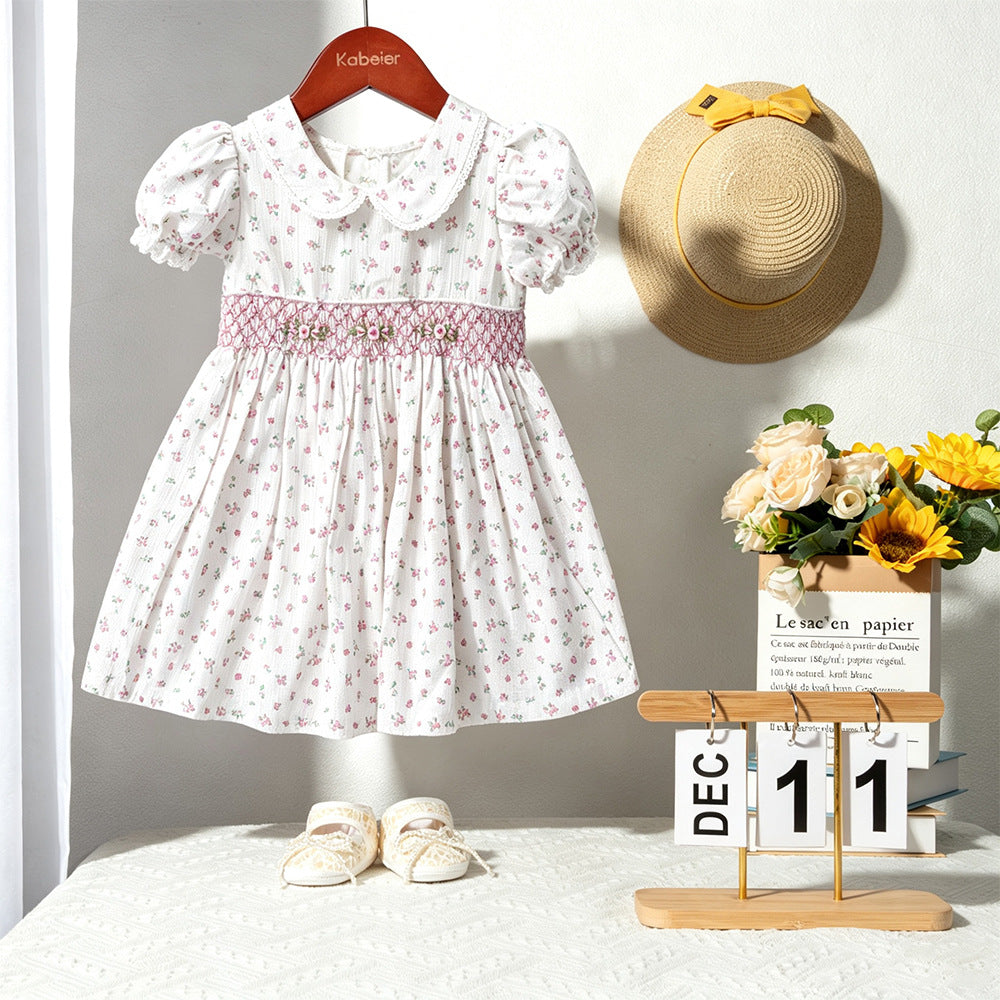 女童手工打揽娃娃领泡泡袖碎花刺绣法式田园连衣裙 Girls' Handmade Ruffled Collar, Puffed Sleeves, Floral Print, Embroidered French Country-Style Dress