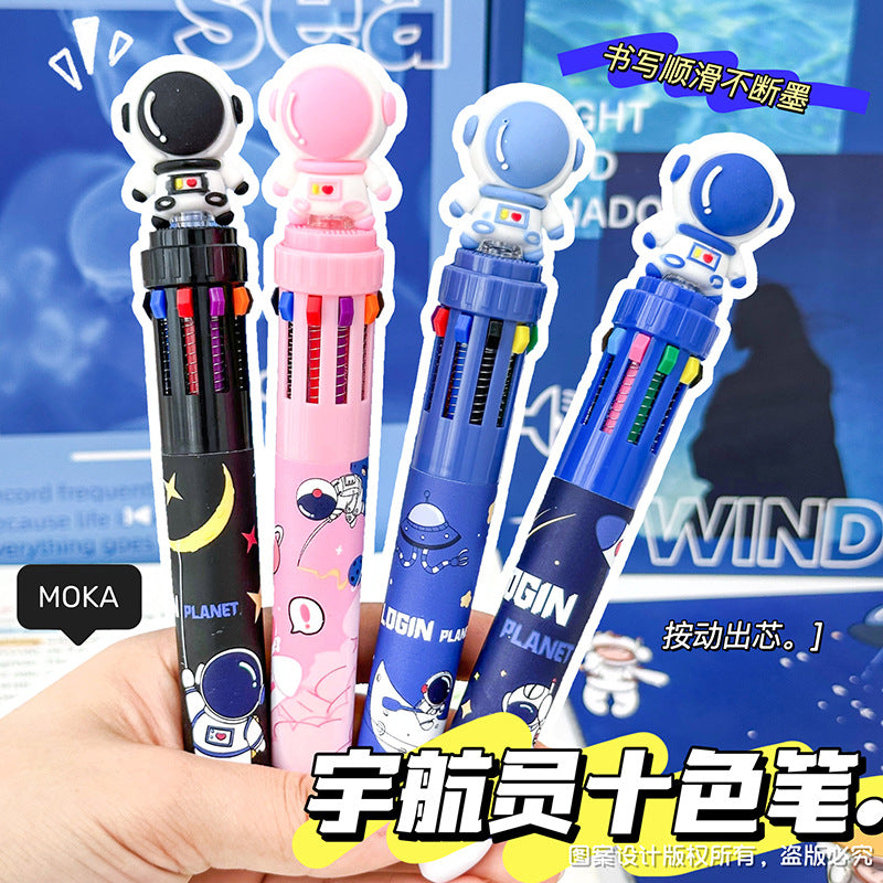 MOKA宇航员十色圆珠笔 学生手账10色笔创意太空人按动彩色多色笔MOKA Astronaut 10-Color Ballpoint Pen: Creative Astronaut-Themed Push-Button Multicolor Pen for Students and Journaling