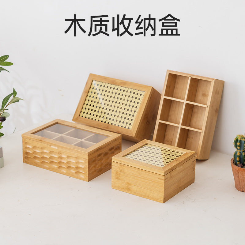 桌面防尘茶包收纳盒竹制文玩首饰置物盒药物分装盒子九宫格储物盒Desk-top dust-proof tea bag storage box; bamboo box for collectables and jewellery; medicine portioning box; 3x3 grid storage box